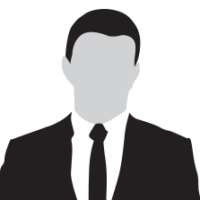 Silhouette of a person in a suit and tie. Grey face, black hair and suit.