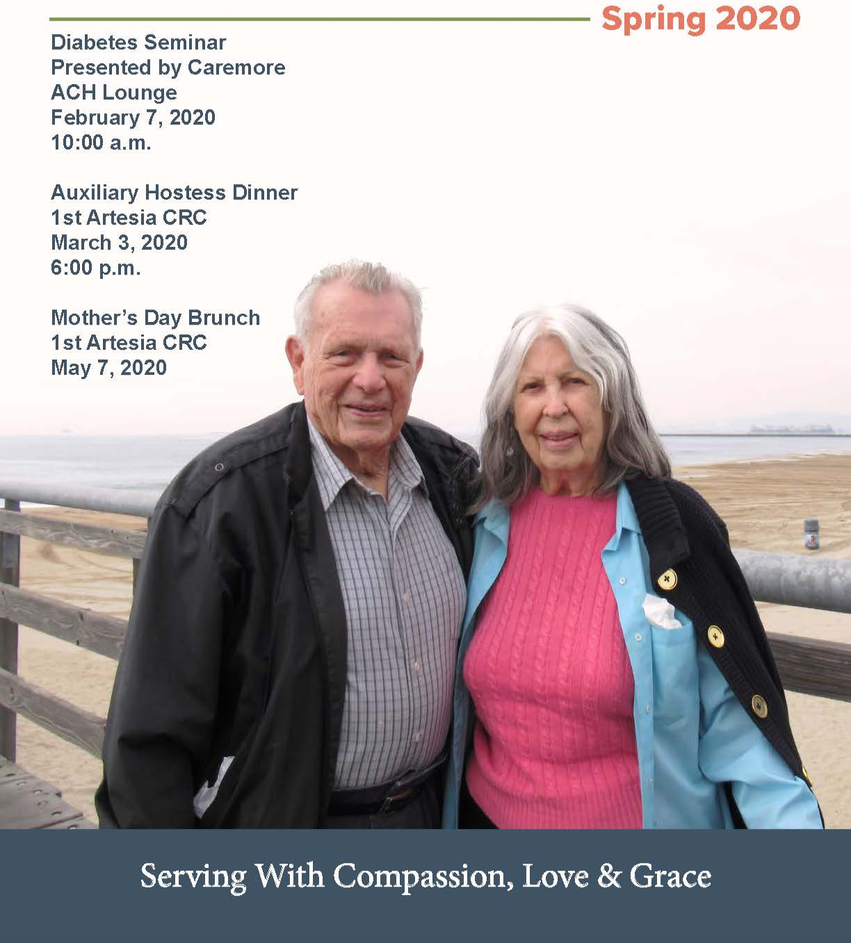 Couple by the ocean, advertisement for events: diabetes seminar, hostess dinner, brunch.