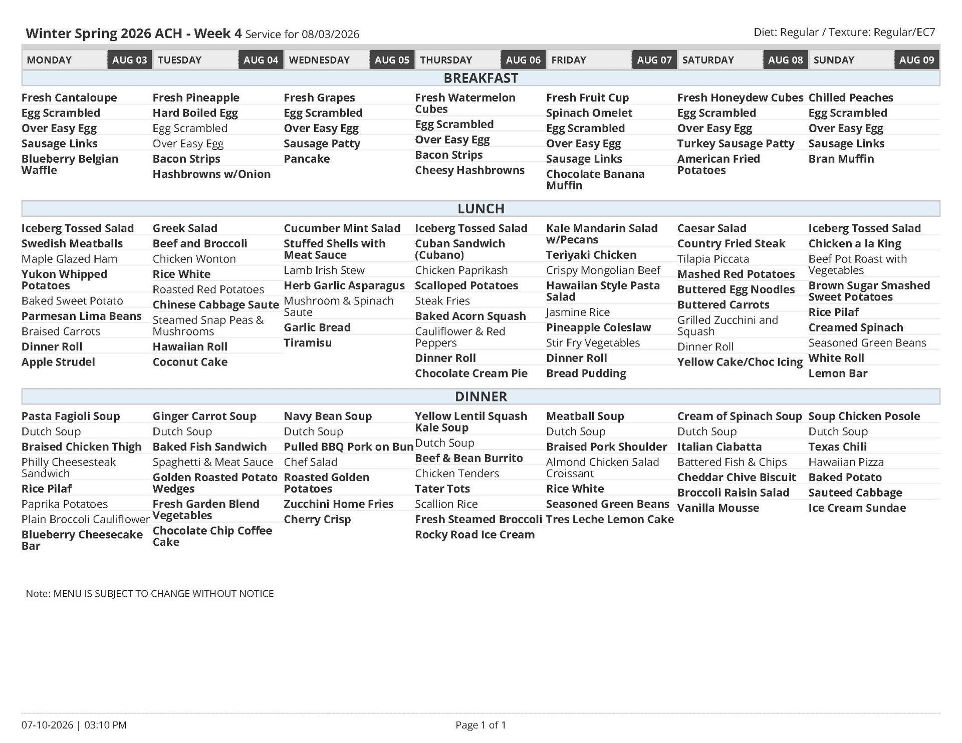 Meal plan for Arizona charter school, listing daily breakfast, lunch, and dinner options.
