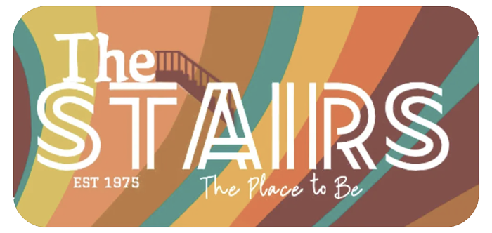 The logo for the stairs has a colorful striped background.