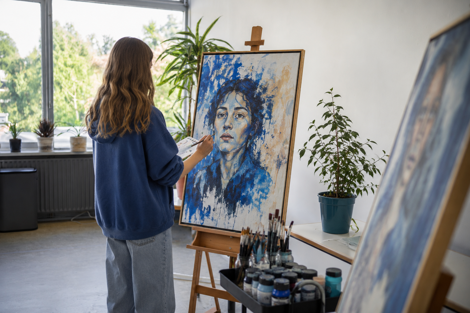 Kunstenaar schildert een blauw portret op een schildersezel in een lichte studio met grote ramen.