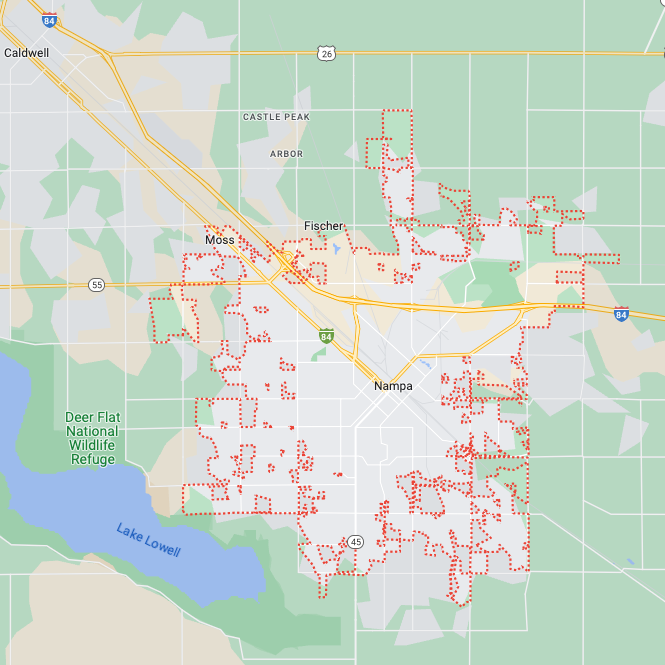 The geographical area around Nampa, ID where we provide pest control.