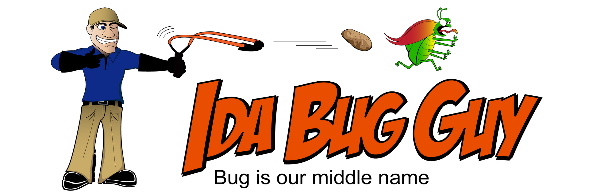 A logo for Ida Bug Guy shows a man shooting a potato with a sling shot at a bug.