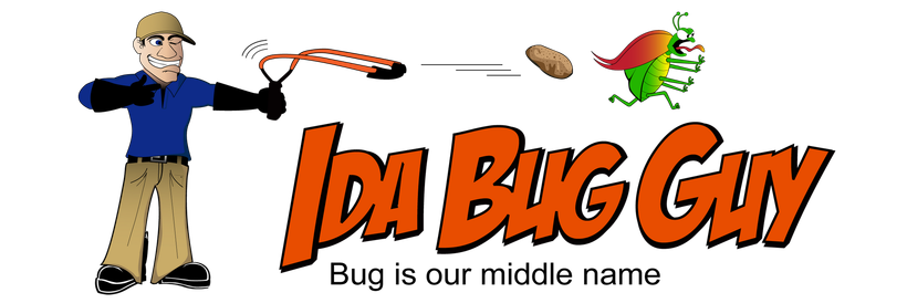 A logo for Ida Bug Guy shows a man shooting a potato with a sling shot at a bug.