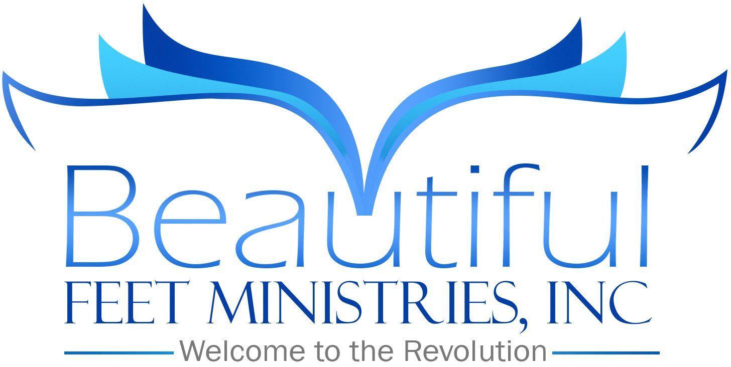 The logo for beautiful feet ministries inc. is blue and white.
