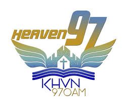 The logo for heaven 97 khvn 970am is a church with wings and a cross.