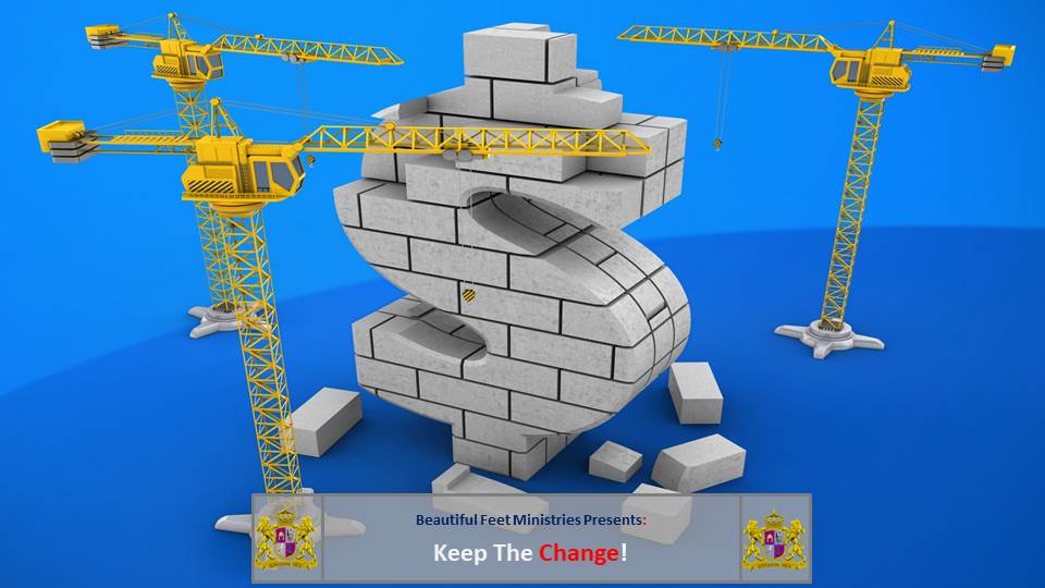 A brick dollar sign is being built with cranes in the background