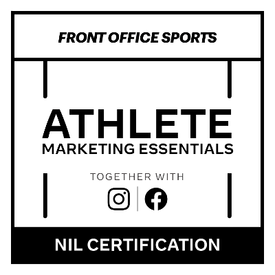 The logo for front office sports athlete marketing essentials is black and white.