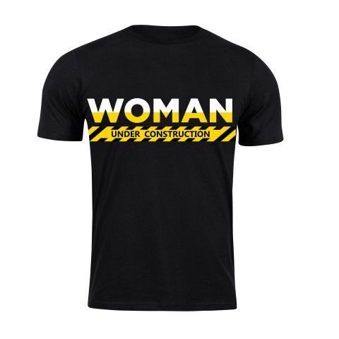 A black t-shirt that says woman under construction