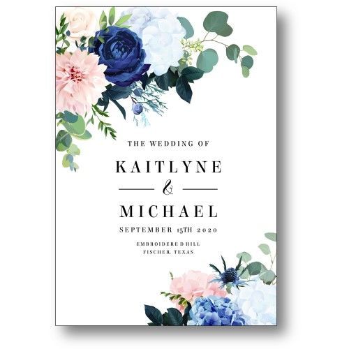 A wedding invitation with blue and pink flowers and greenery on a white background.