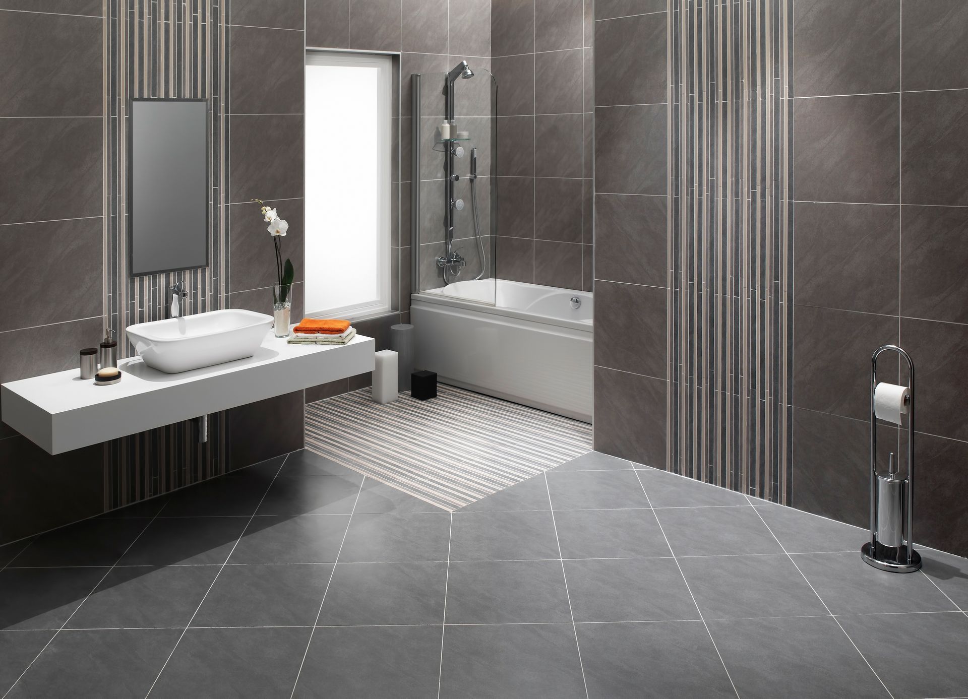 Bathroom with Darkgrey Flooring — Burlington, NJ — AD Roofer Siding & Gutters