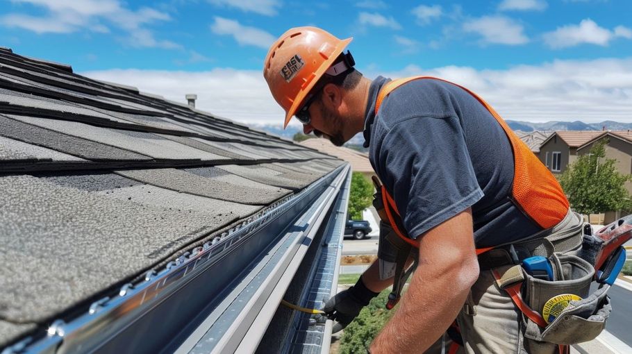 Worker in orange hard hat installing gutters on a shingled roof under a blue sky.