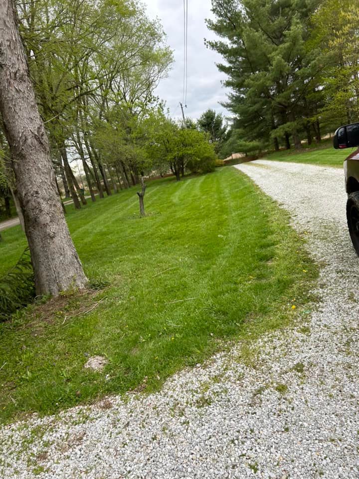 Green lawn alongside a gravel driveway, with trees and cloudy sky.