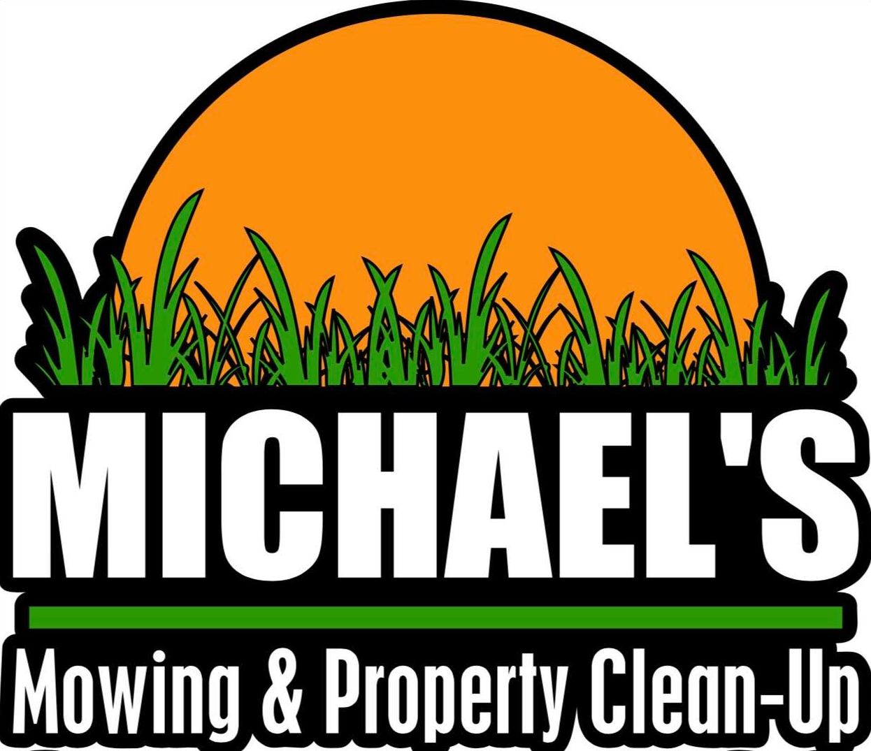 Logo for Michael's Mowing & Property Clean-Up with green grass, orange sun, and black and white text.