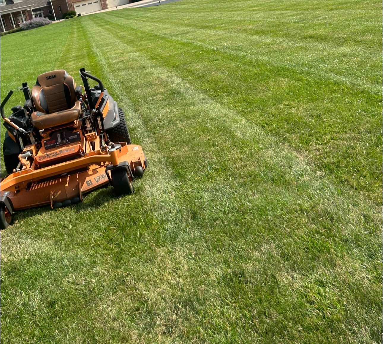 Orange zero-turn mower cutting green grass in a yard on a sunny day.