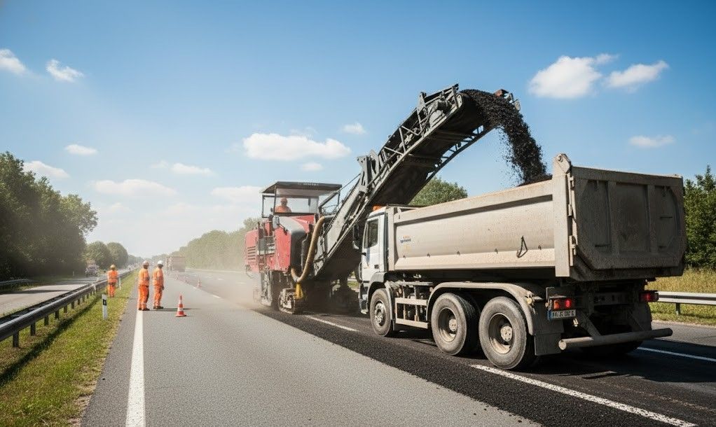 Close-up of newly paved asphalt road, with sun reflecting on the textured surface.