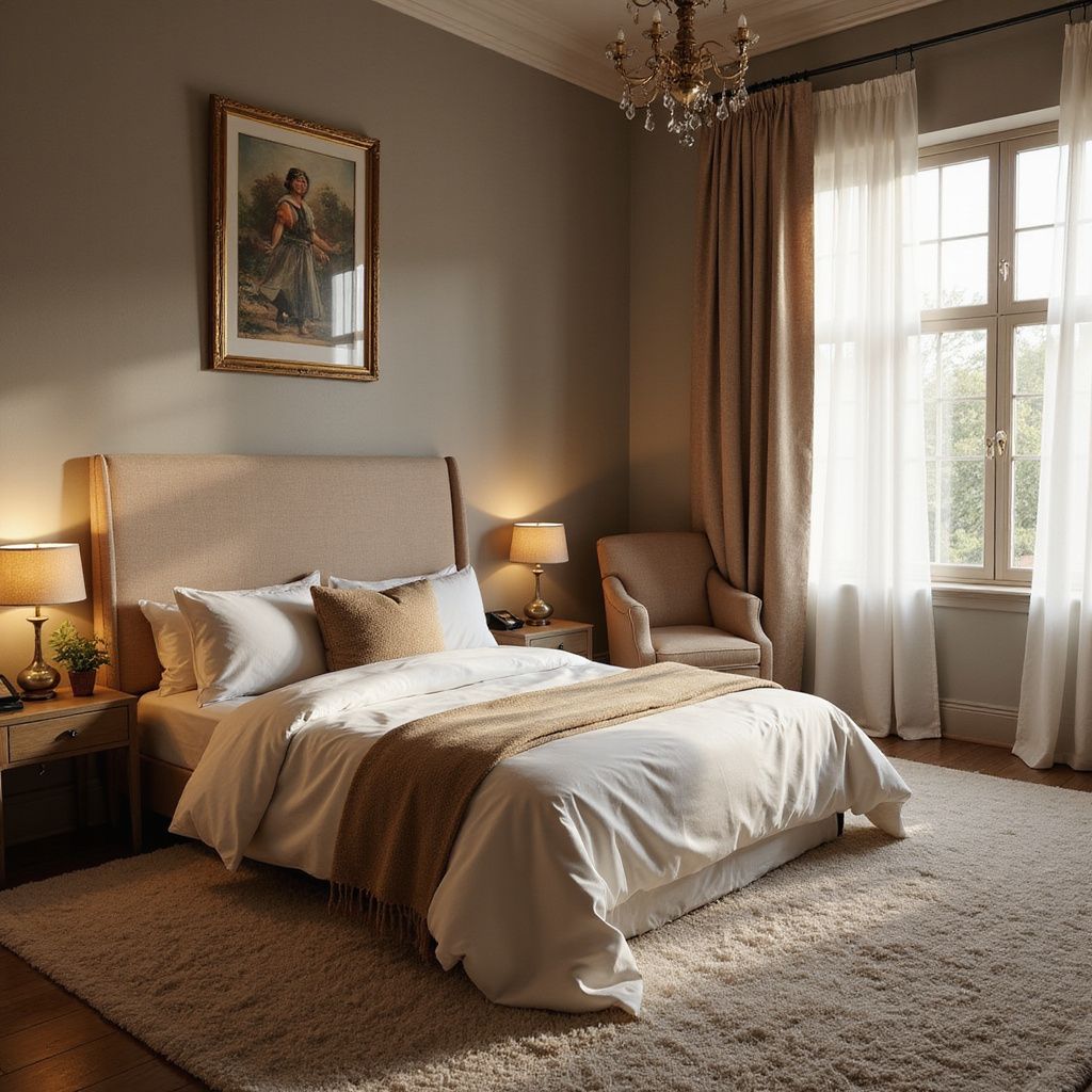 Bedroom with a bed, nightstands, chair, window, and rug. Soft lighting and neutral color scheme.