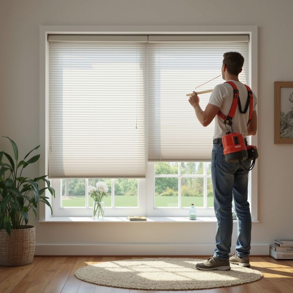 Man adjusting blinds with a wand in a bright room with a window, greenery, and a round rug.