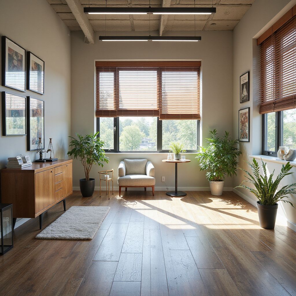 A bright, modern interior with hardwood floors, plants, and sunlight streaming through windows with wooden blinds.
