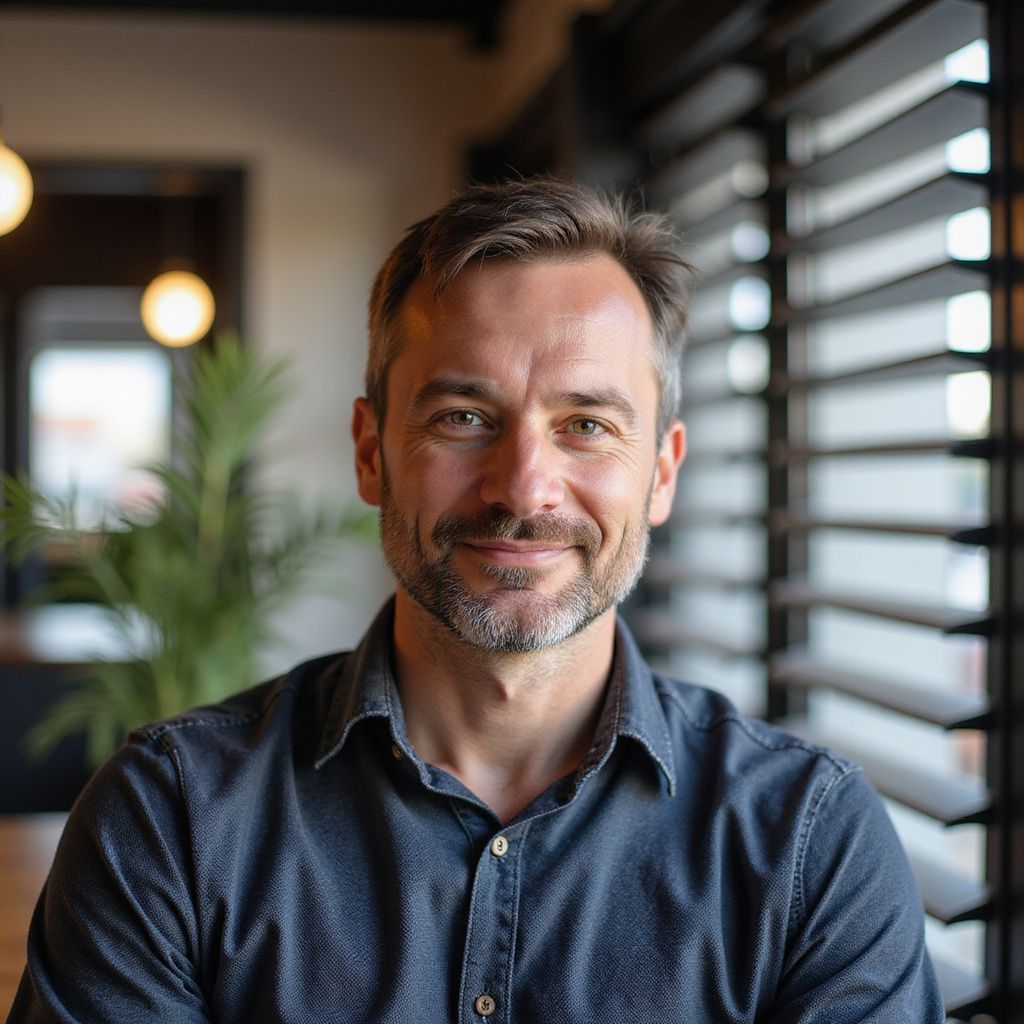 Man with salt and pepper hair and beard, smiles at camera. Wearing a blue button-down shirt, indoors near window.