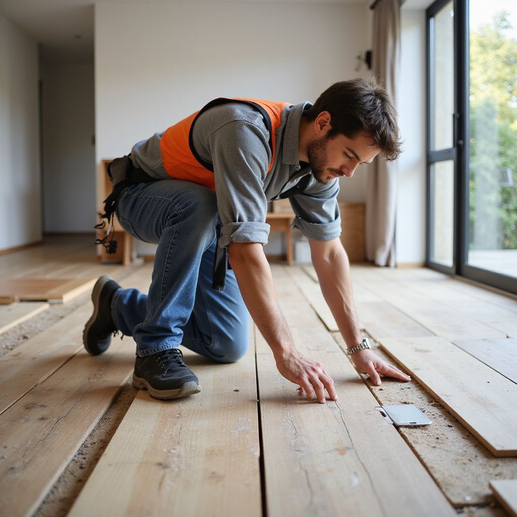 Man installing wooden floorboards, kneeling, wearing a safety vest and jeans, in a room with large windows.