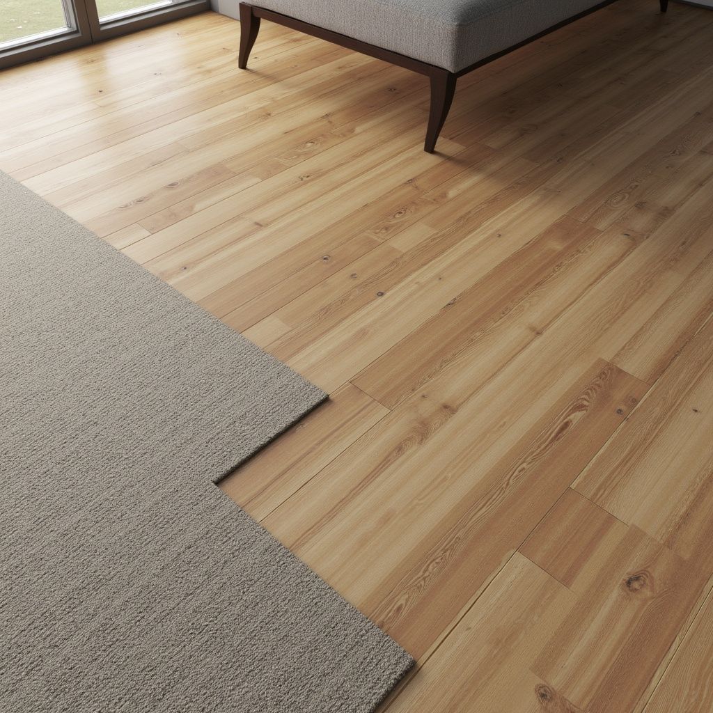 Wooden floor partially covered by a gray rug. A bench sits in the background.