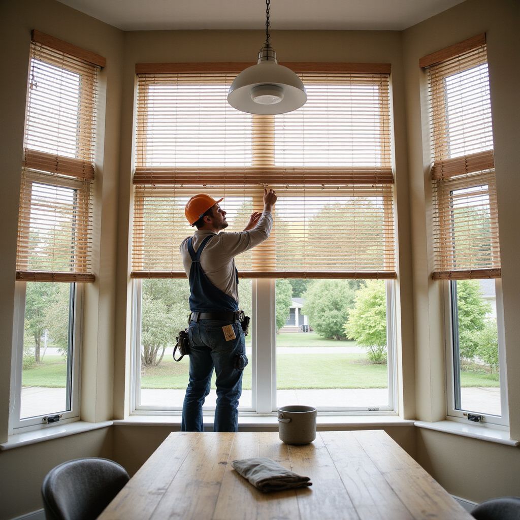 Person in overalls installing blinds in a bay window. Dining table with a cloth and a mug is in the foreground.