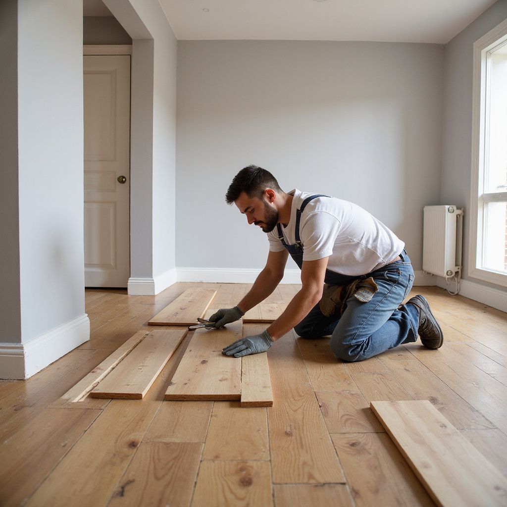 Person installing wood flooring, kneeling in a room with light gray walls, window, and a closed door.