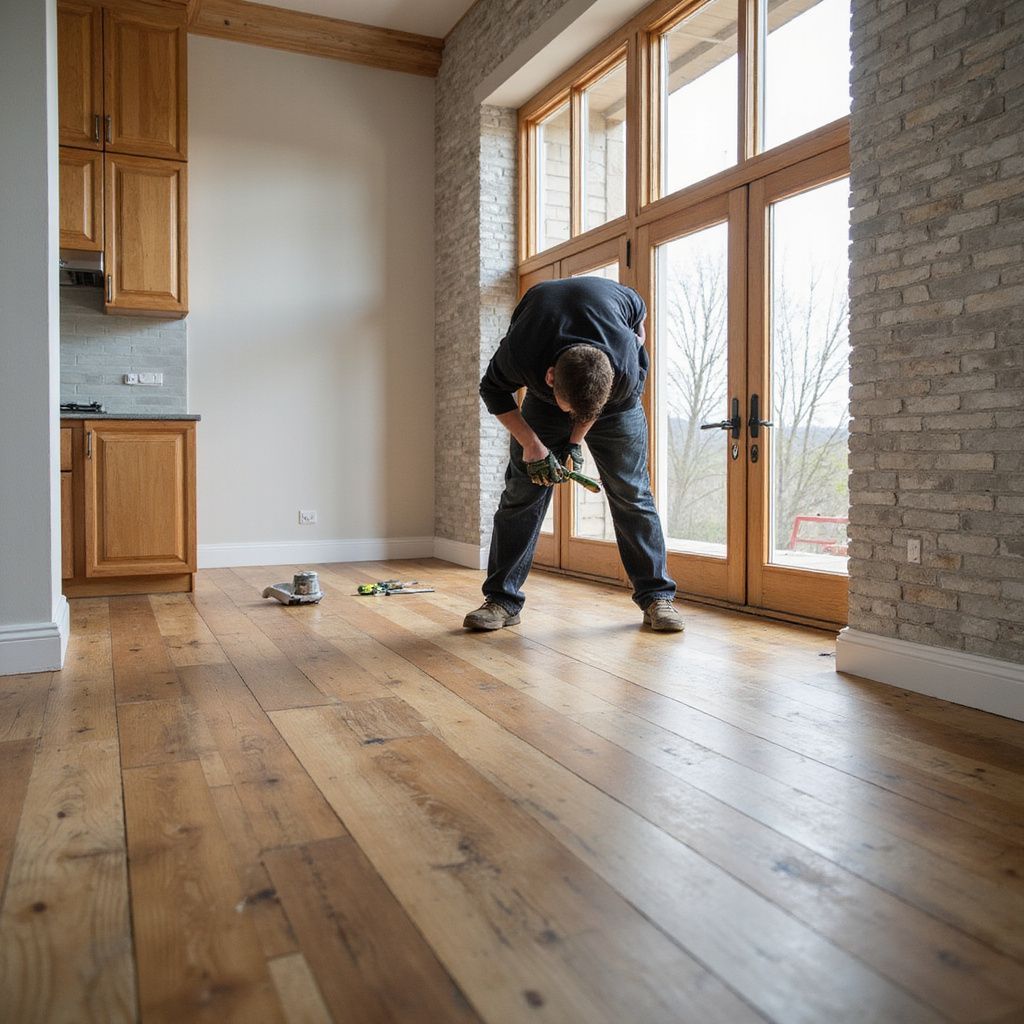 Man working on hardwood floor in a room with a large window. Tools visible.