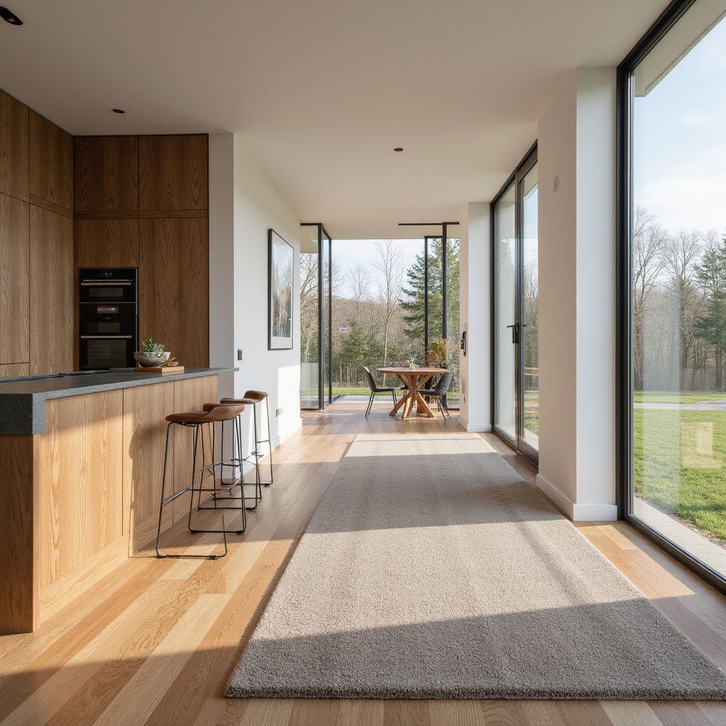 Modern kitchen with wooden cabinetry, island with stools, and a hallway leading to an outdoor dining area with floor-to-ceiling windows.