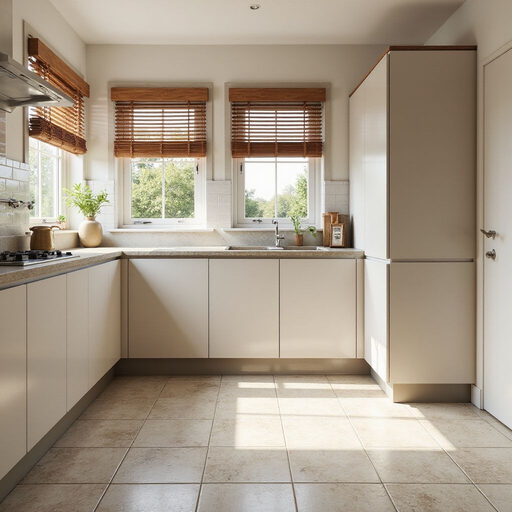 Bright kitchen with beige cabinets, wood blinds, and sunlight streaming through the windows.