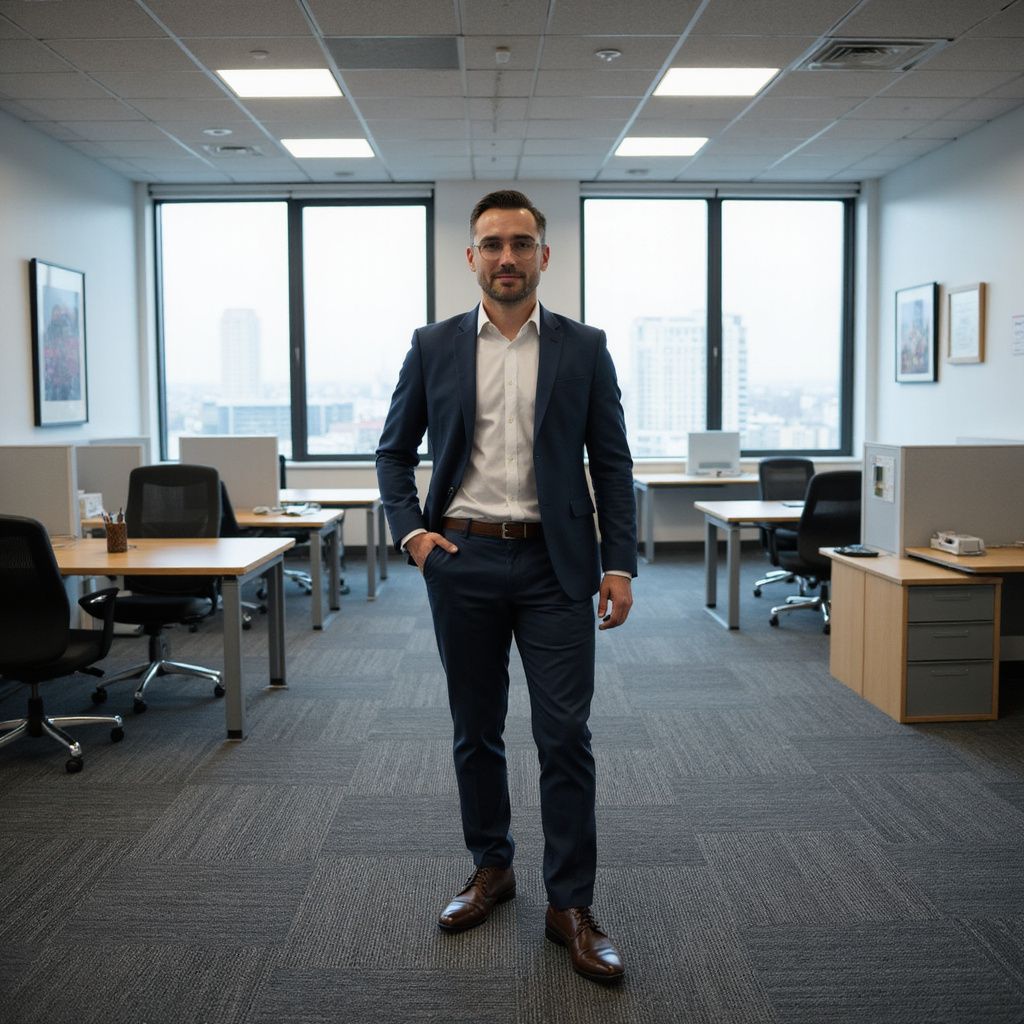 Man in a suit standing in an office with rows of desks and large windows.