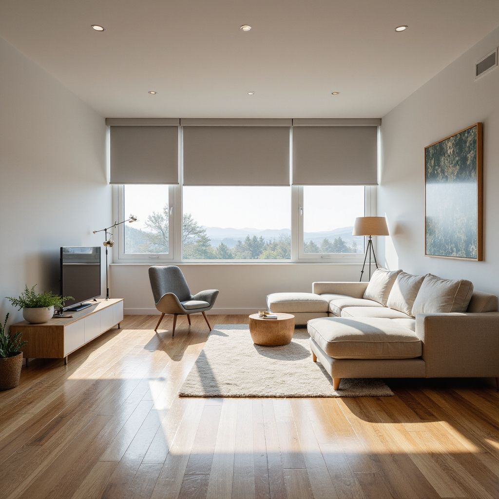 Living room with large windows, modern furniture, hardwood floors, and natural light.