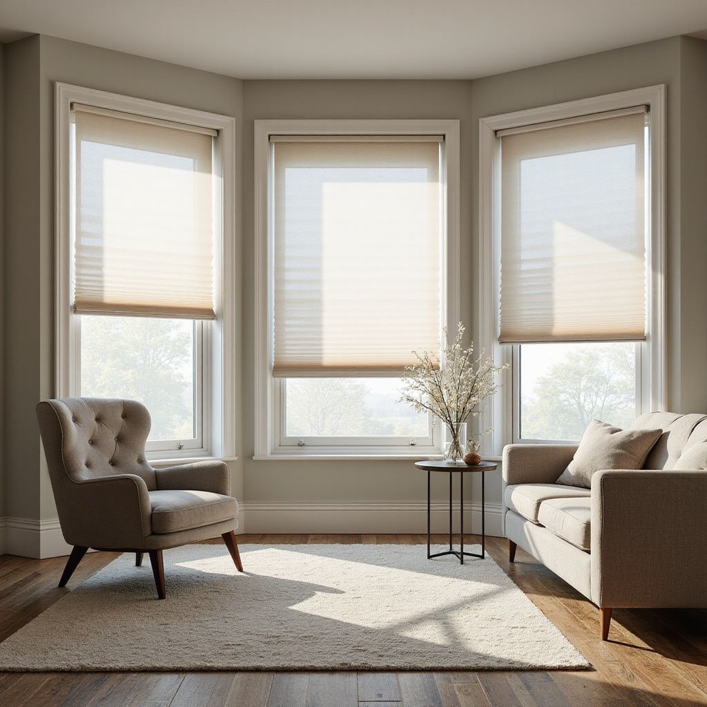 Living room with three windows and beige blinds. A sofa, armchair, rug, and side table.