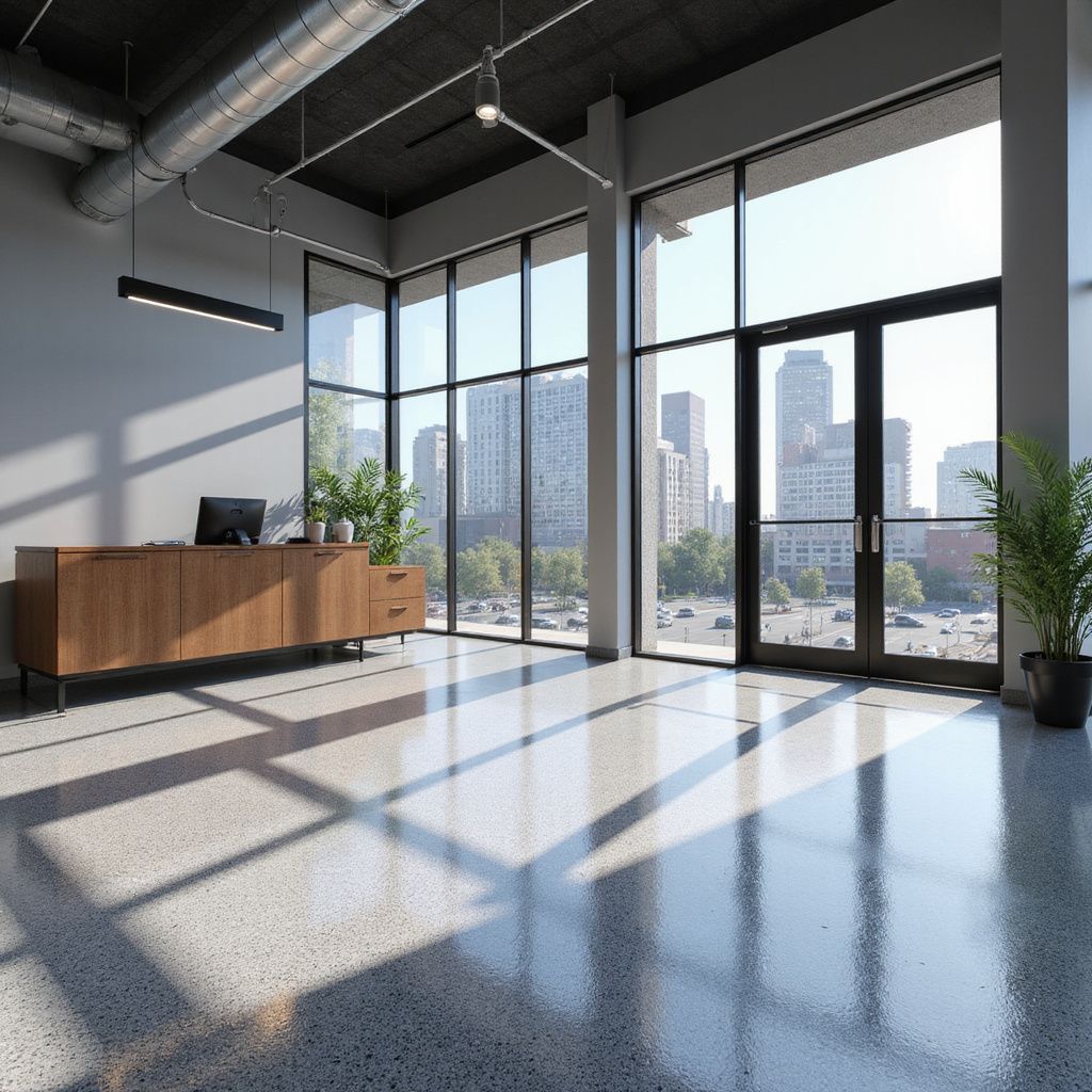 Modern office interior with large windows, city view, and wood furniture.