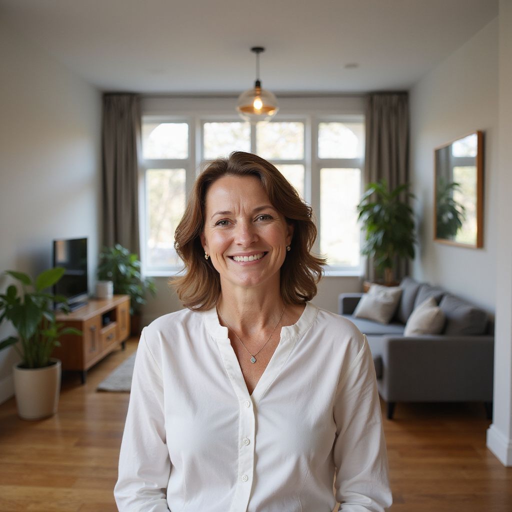 Woman smiling in a bright living room, with a couch, plants, and natural light.