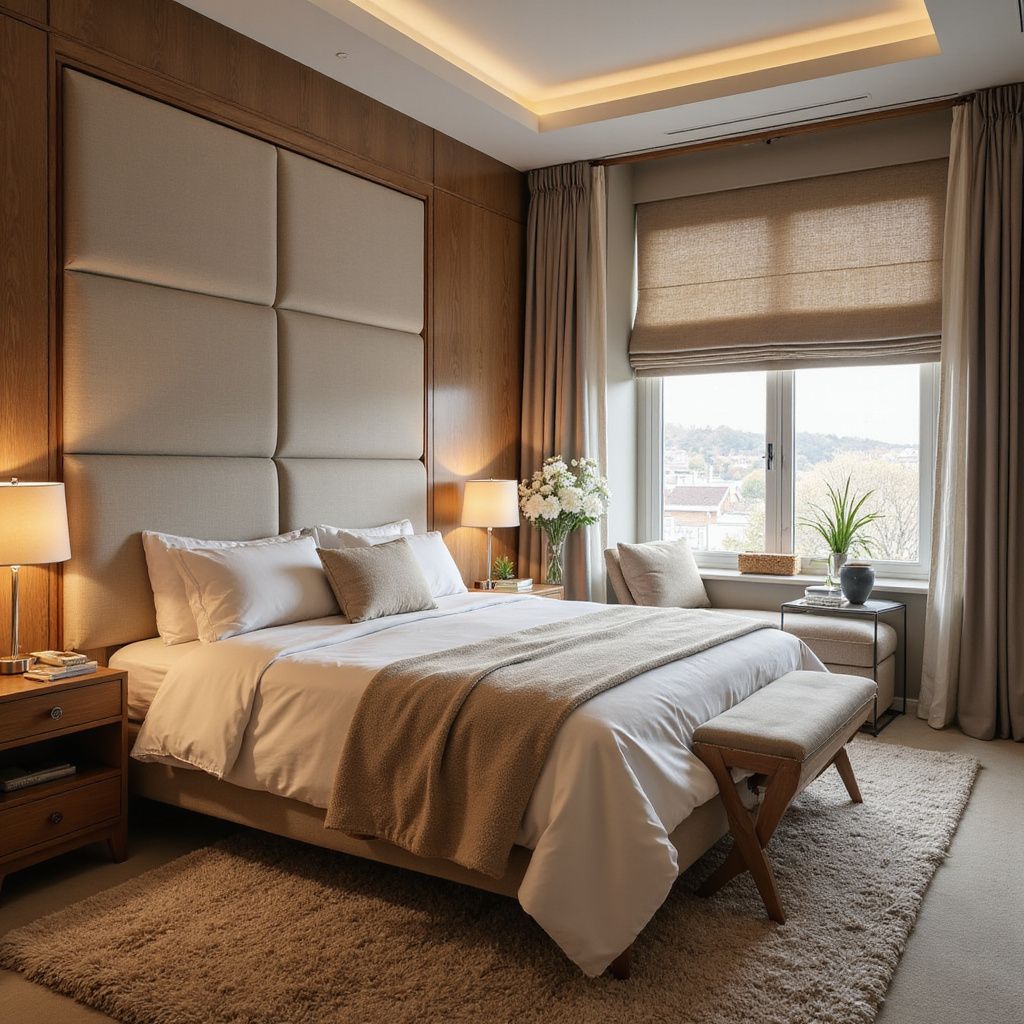 Cozy bedroom with bed, beige headboard, wooden walls, window, armchair, and rug.