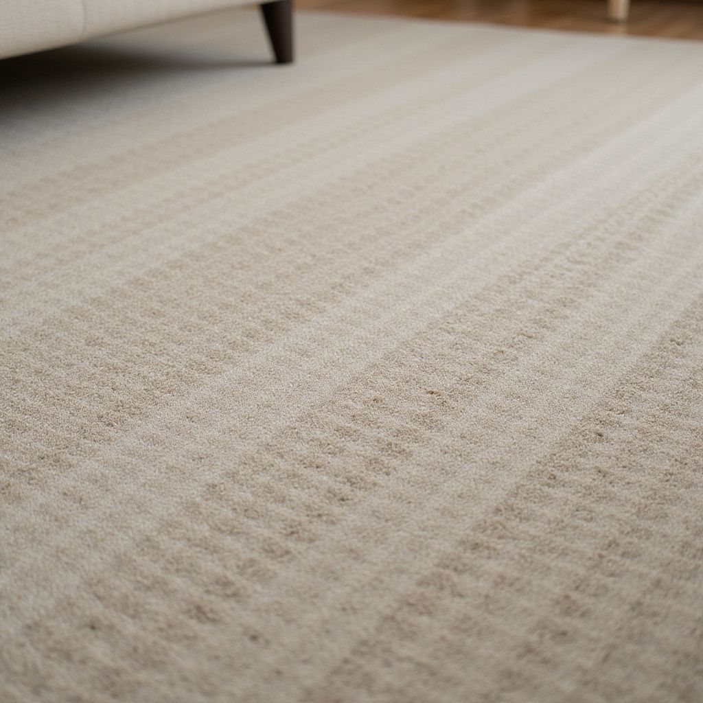 Beige carpet with textured pattern, vacuumed with visible lines, near a sofa leg.