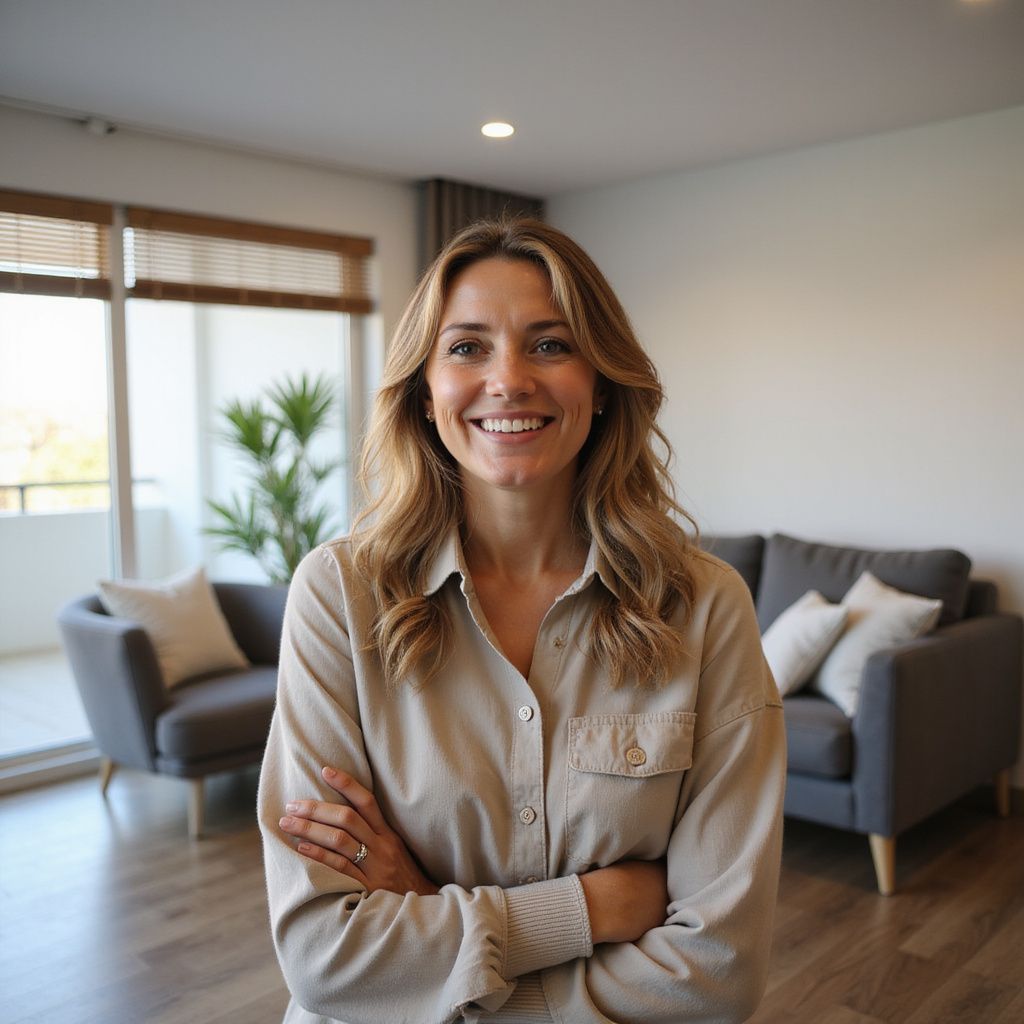 Woman with blonde hair smiling, arms crossed, in a living room with a gray couch and wooden floors.