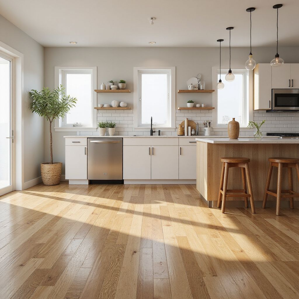 Bright kitchen with wood floors, white cabinets, stainless steel appliances, and a kitchen island with stools.
