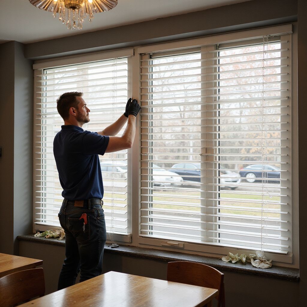 Man installing white blinds on a window; he wears gloves and a blue shirt inside a room.