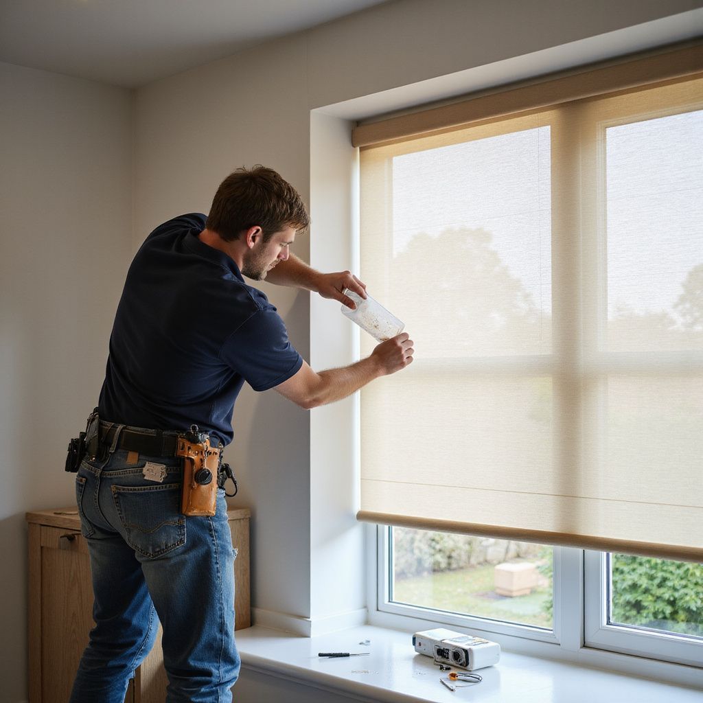 Man installing blinds at a window, holding a paper, with a tool belt and tools nearby.