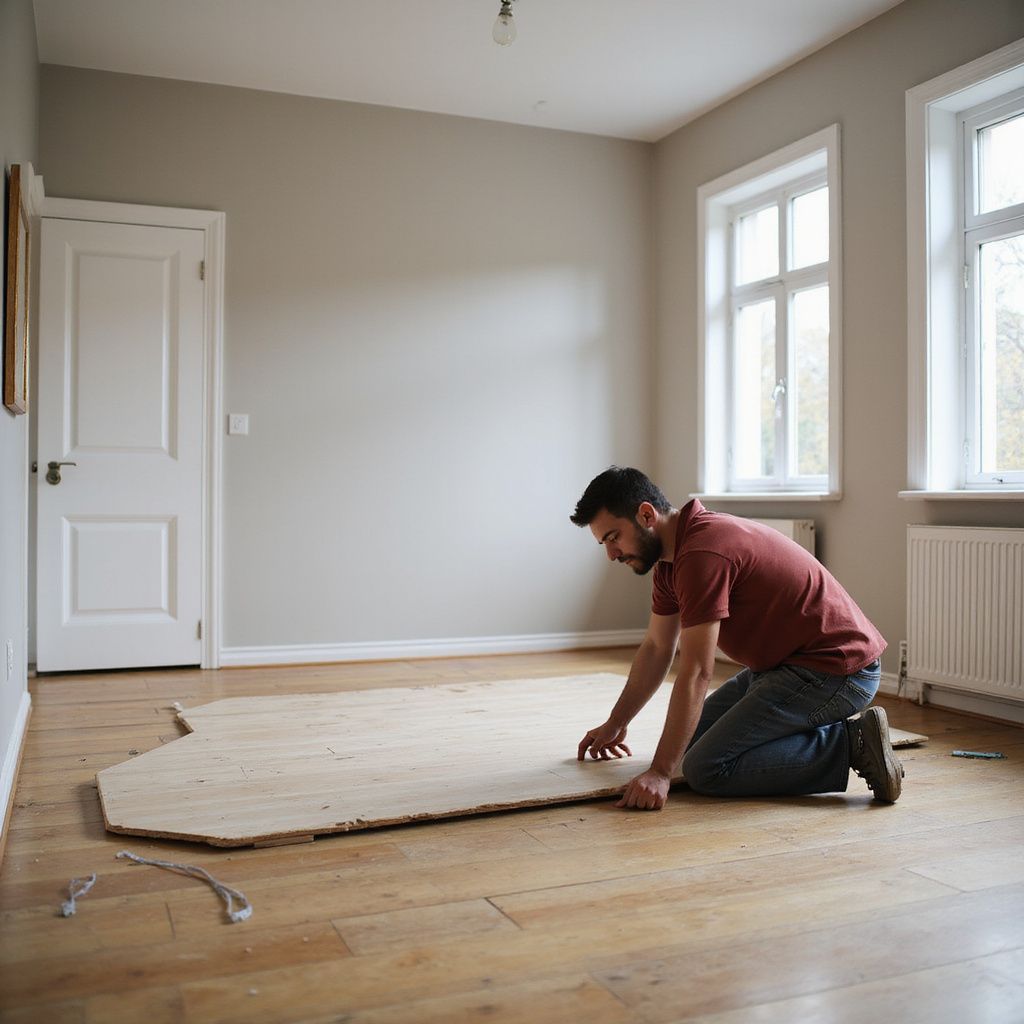Man kneels on floor, positioning a large piece of wood. Room with windows, door, and beige walls.