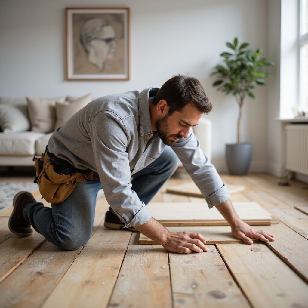 Man on knees installs wood flooring in a living room. He wears a tool belt and jeans.
