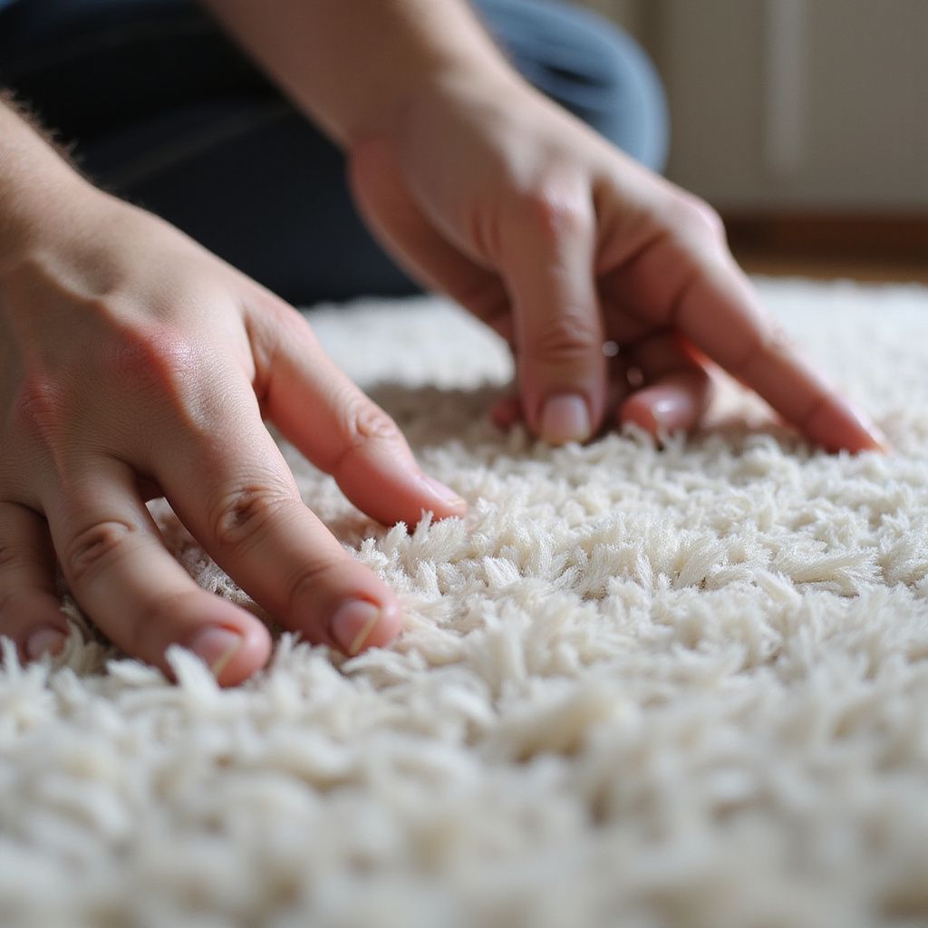Hands inspecting a fluffy, white carpet, likely for cleanliness or quality.