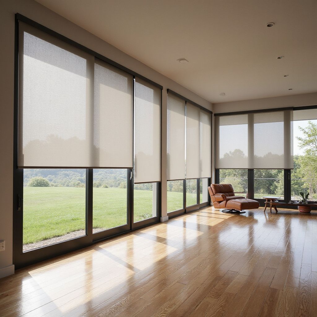 Large windows with beige roller shades in a room with hardwood floors, overlooking a green lawn.