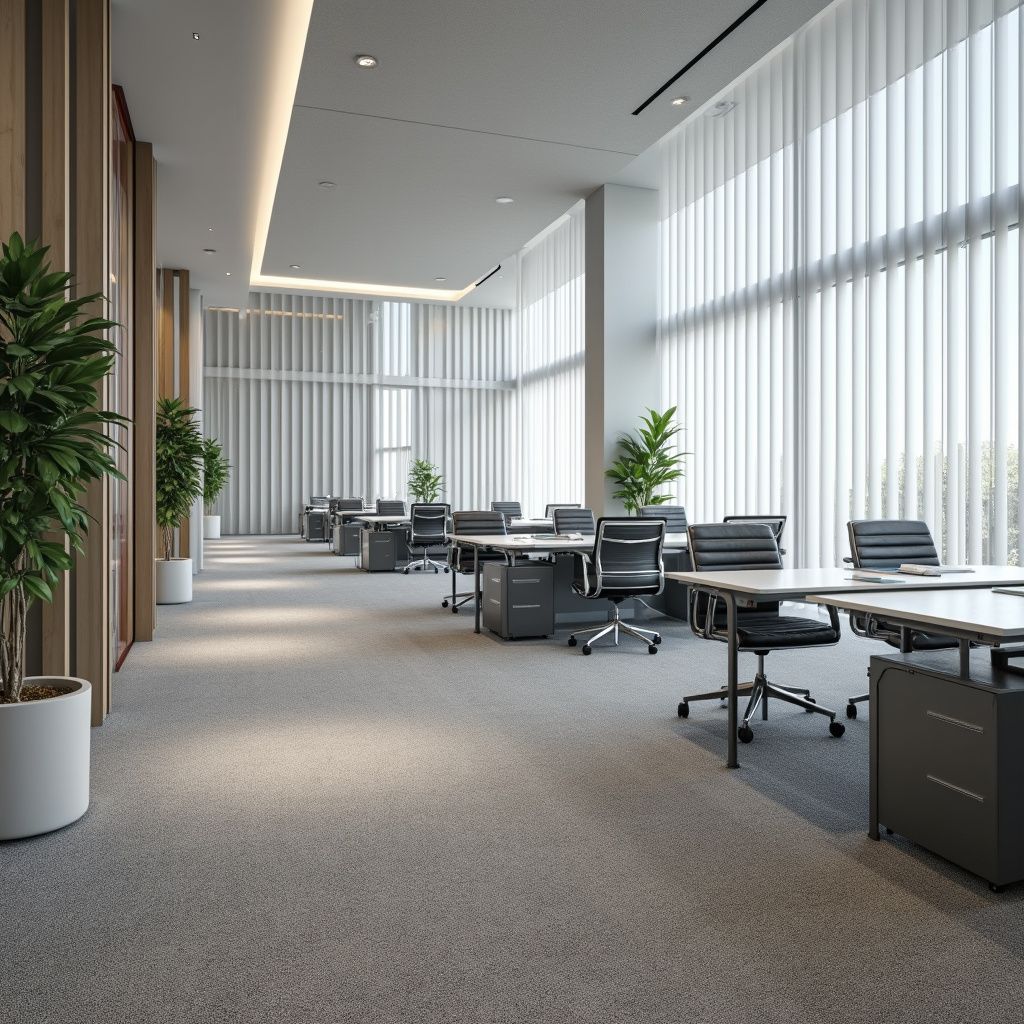 Spacious modern office with desks, chairs, plants, and large windows with sheer curtains.