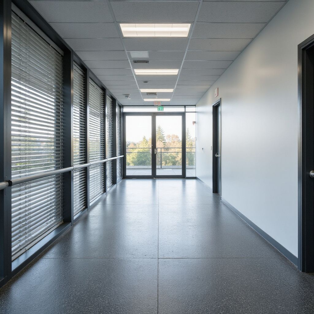Hallway with large windows on the left, doors on the right, and a door at the end leading outside.