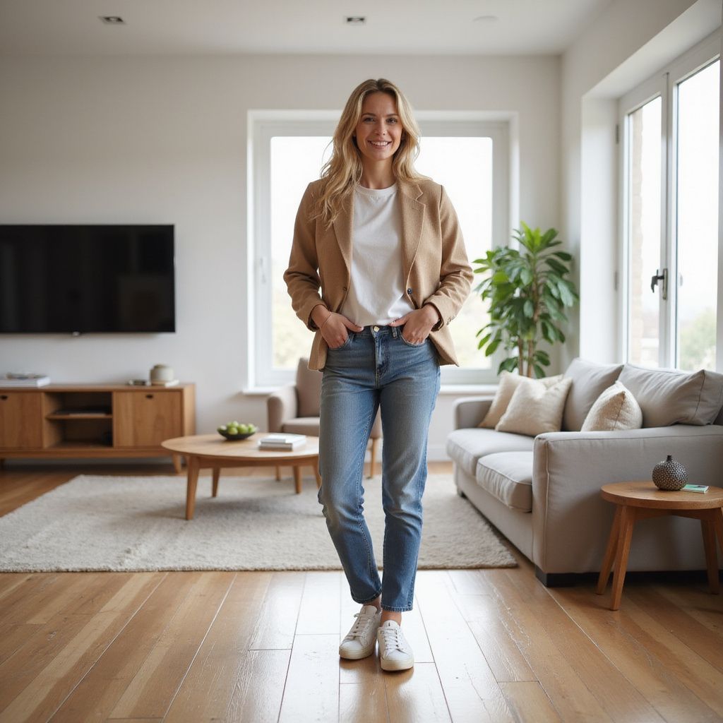 Woman in a blazer and jeans stands smiling in a bright living room.