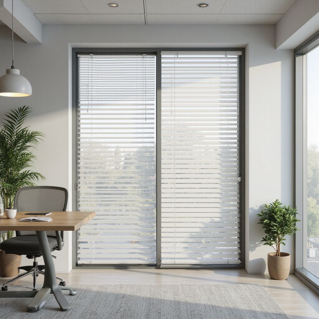 Office interior with blinds on a large window, desk, chair, plants, and natural light.